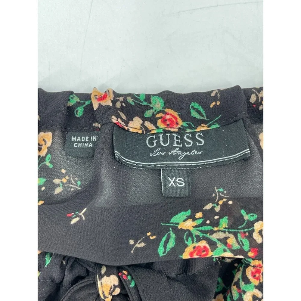 Guess Women's Sheer Short Sleeve Black Floral Peasant Boho Top Blouse Size XS - Picture 5 of 15